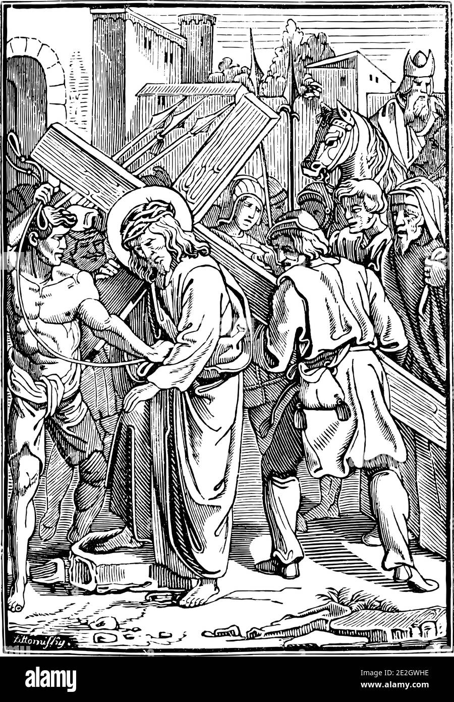 5th or fifth Station of the Cross or Way of the Cross or Via Crucis. Simon of Cyrene helps Jesus carry the cross.Bible,New Testament. Antique vintage biblical religious engraving or drawing. Stock Vector