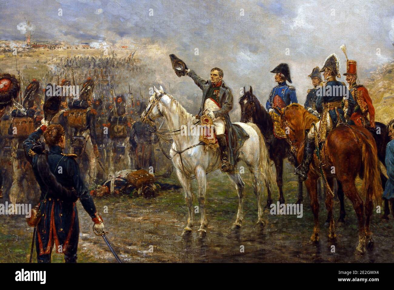 The Last Attack, Waterloo 1895 Ernest Crofts 1847-1911 ( Napoleon's last grand attack at Waterloo: Napoleon addresses the Old Guard as it prepares to attack the Anglo-Allied center at Waterloo.  ) France, French, England, Napoleon, Bonaparte, 1799 to 1814,  Emperor, French, France, King of Italy as Napoleon I, Francis I was King of France from 1515 until his death in 1547 French Stock Photo