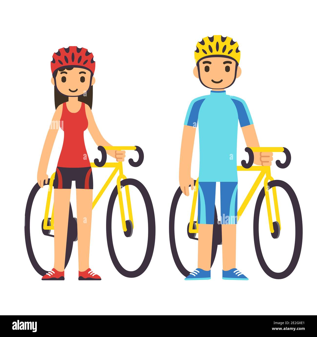 Young cartoon couple in fitness gear with bicycles. Isolated vector clip art illustration. Stock Vector