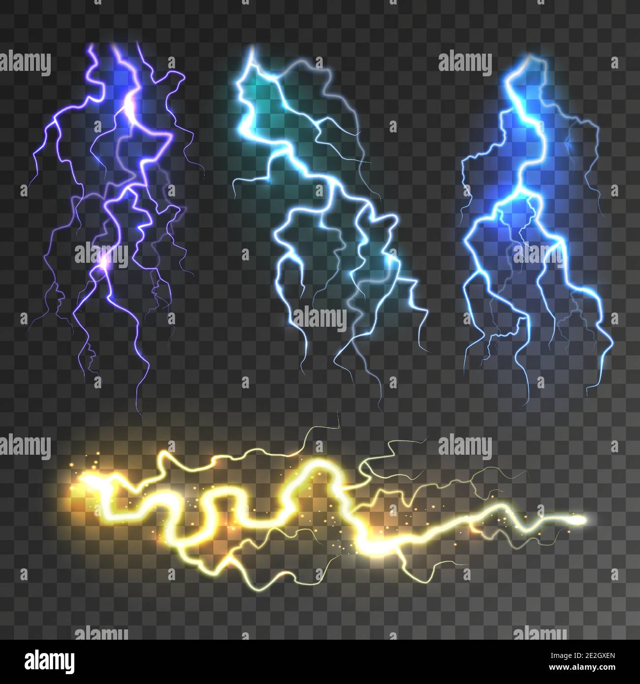 Realistic lightning collection on transparent background. Thunderstorm ...