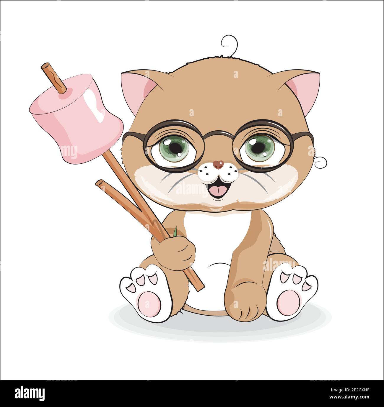 cat in glasses with marshmallows on stick, , picture in hand drawing
