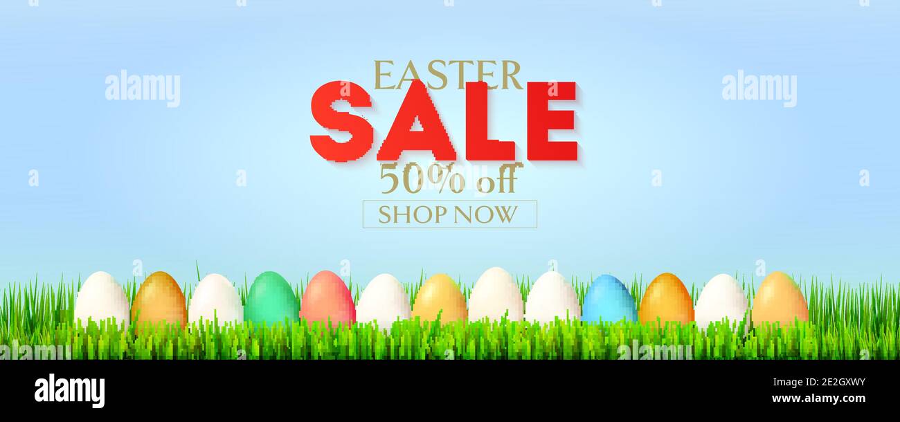 Banner for Easter sale. Colored Easter eggs in green grass. Vector 3d illustration Stock Vector