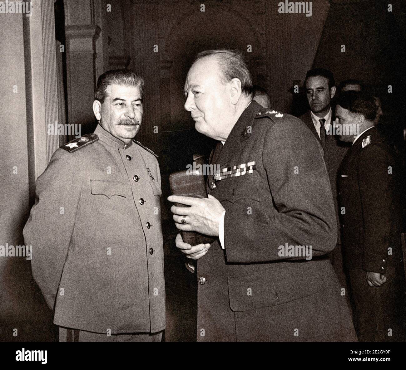 Joseph Stalin and Winston Churchill. The Yalta Conference, also known as the Crimea Conference and code-named the Argonaut Conference, held February 4 Stock Photo