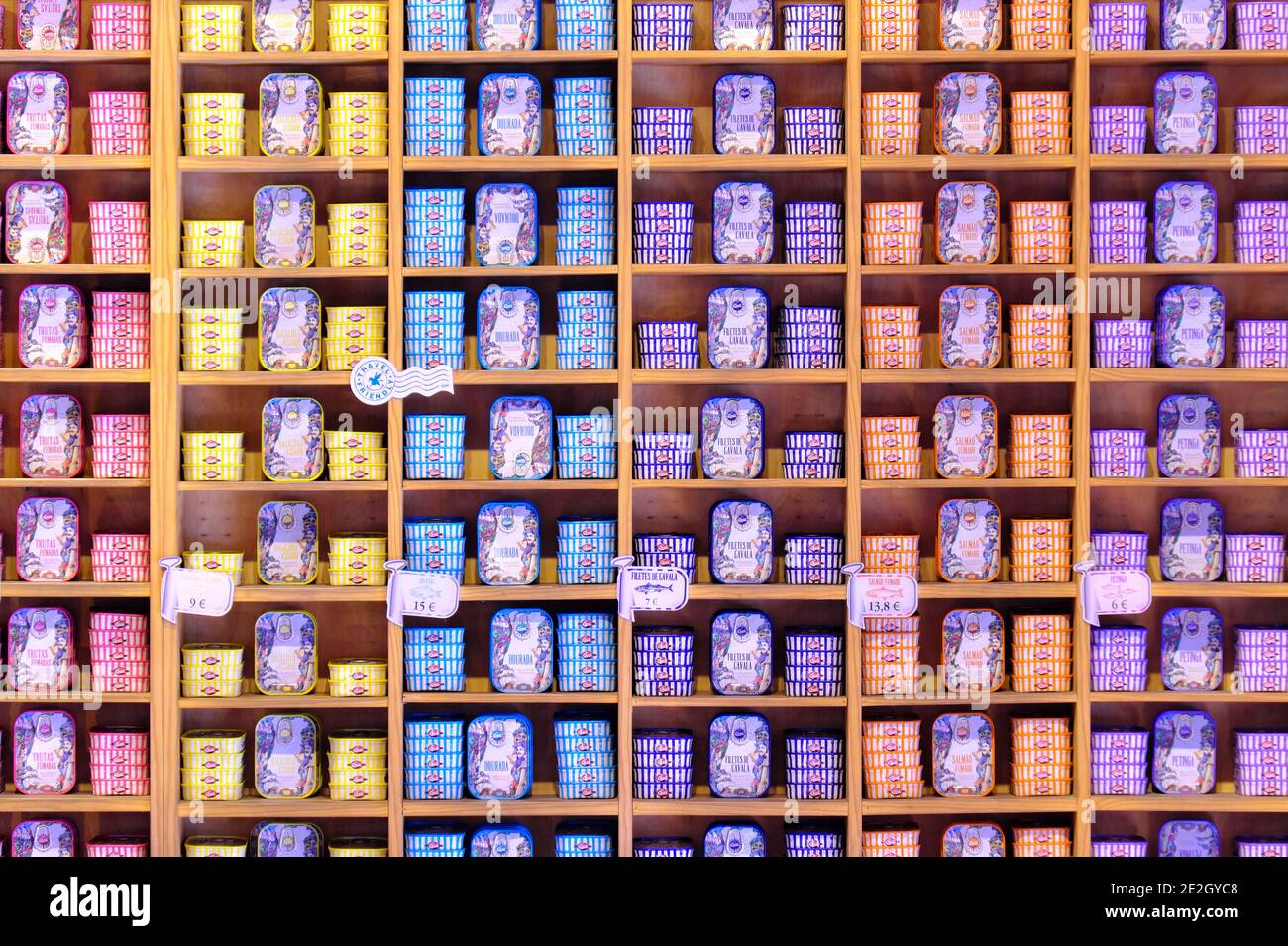 Portugal, Lisbon sardine shop selling tins of canned fish Stock Photo