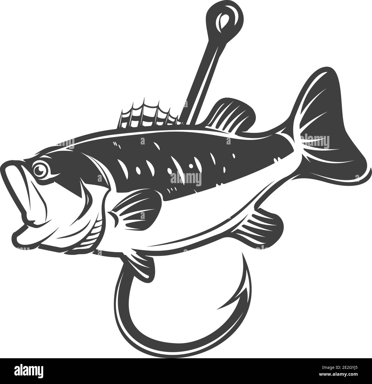 Illustration of bass and fishing hook. Design element for poster,card, banner, sign, emblem. Vector illustration Stock Vector