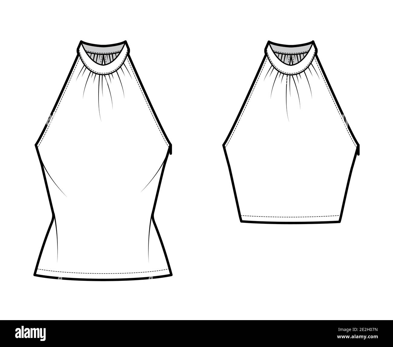 Set of Tops banded high neck halter tank technical fashion illustration with wrap, slim fit, crop, tunic length. Flat apparel outwear template front, white color. Women men CAD mockup Stock Vector