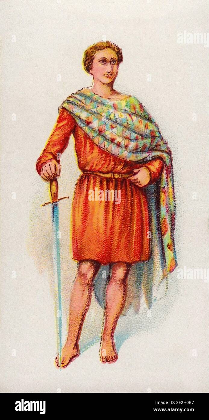 Vintage illustration of British historical costume. Romanized Briton. 30 A.D. Stock Photo