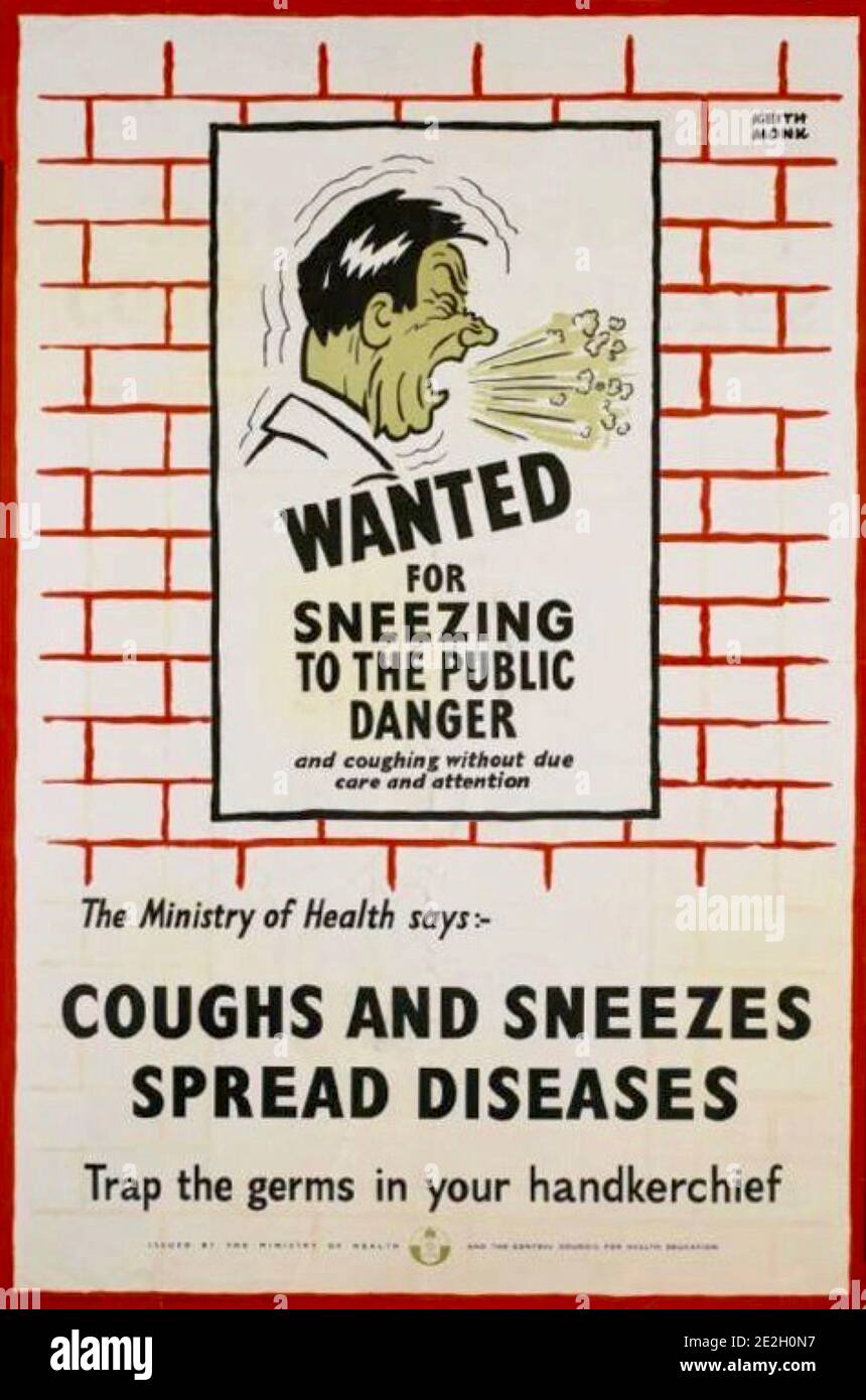 Coughs and sneezes spreads diseases maybe an apt message in today's coronavirus-covid crisis. No longer handkerchief but a face-mask much more likely. Stock Photo