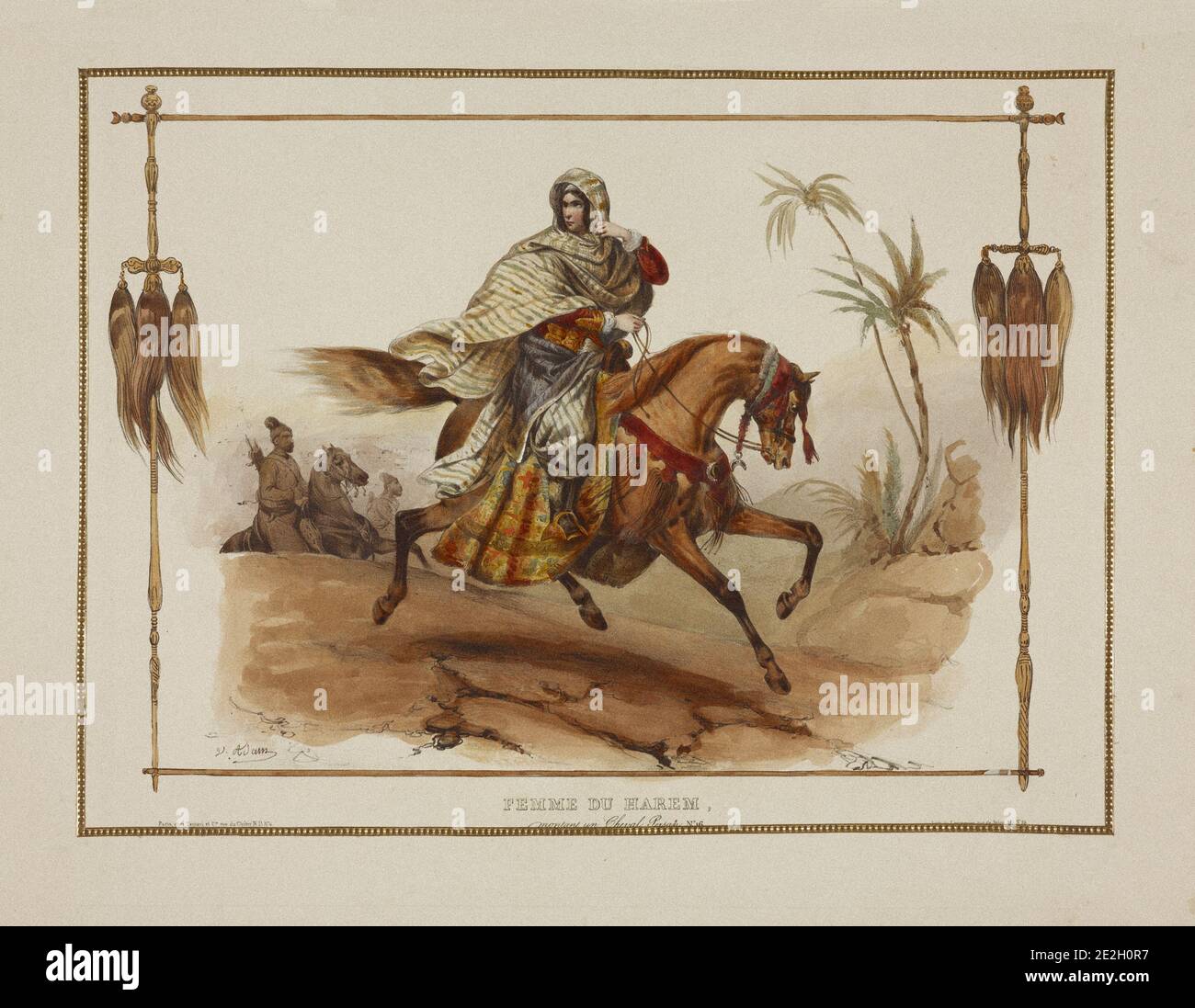 Woman of the Harem, riding a Persian horse. Lithograph by Jean Victor Adam (1801-1867) French painter and lithographer. Stock Photo
