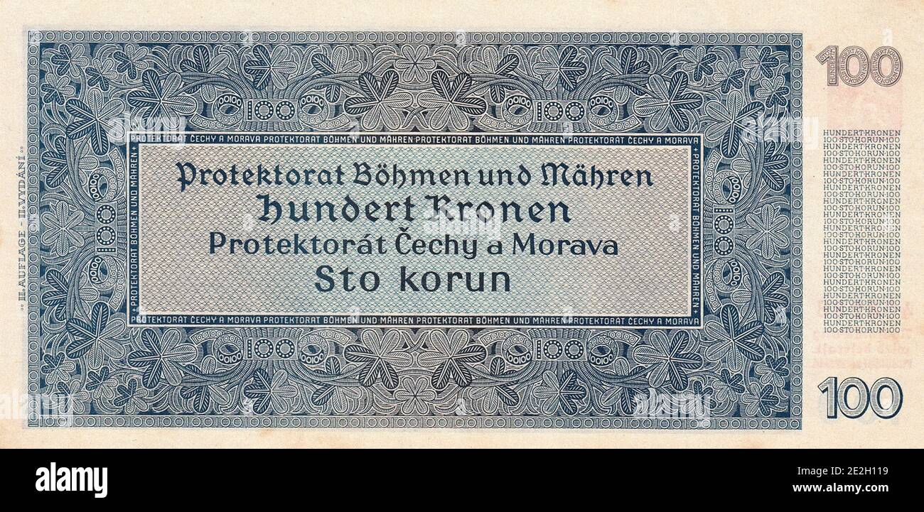 Banknote 100 CZK of Protectorate of Bohemia and Moravia. Time of German occupation. 1939-1945 Stock Photo