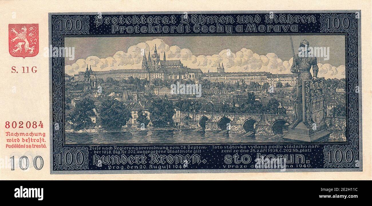 Banknote 100 CZK of Protectorate of Bohemia and Moravia. Time of German occupation. 1939-1945 Stock Photo