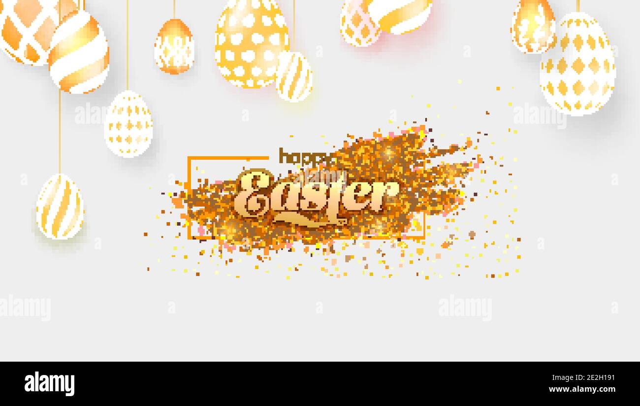 Easter greetings banner. Hanging Easter eggs with patterns. Vector 3d illustration Stock Vector
