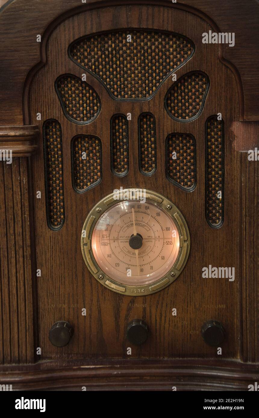 Part of old grunge vintage radio close up. Stock Photo