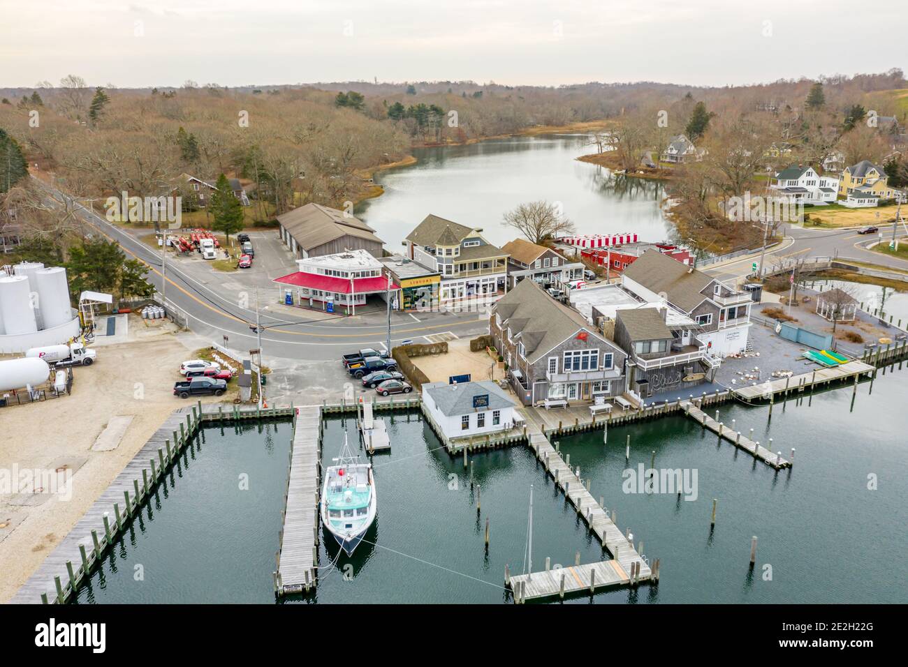 Aerial view of the retail area of the Shelter Island Heights, Shelter