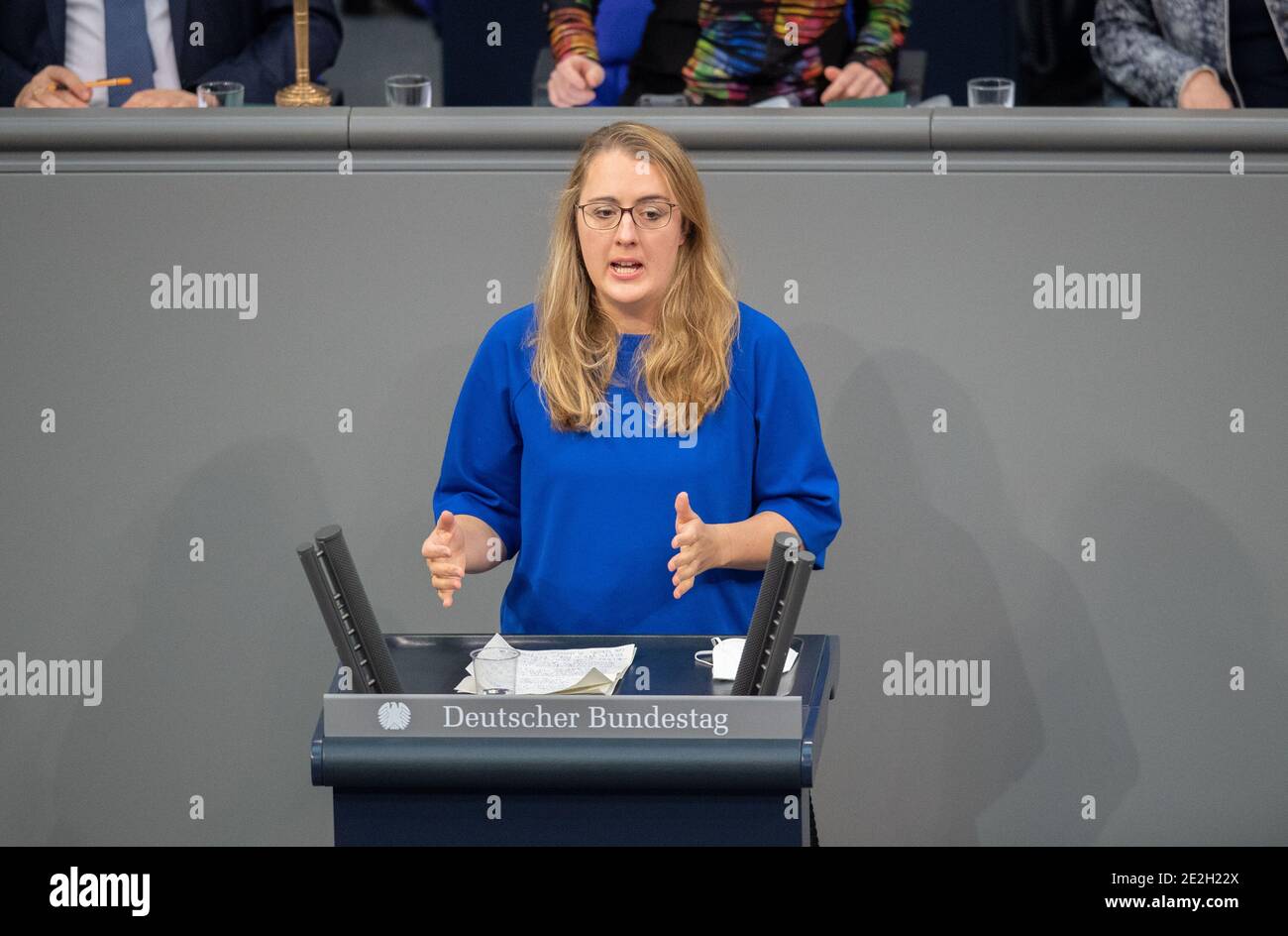 Berlin, Germany. 14th Jan, 2021. Katharina Dröge (Bündnis90/Die Grünen) speaks at the plenary session in the German Bundestag on the topic of digital competition law. Credit: David Hutzler/dpa/Alamy Live News Stock Photo
