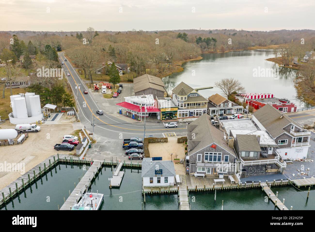 Aerial view of the retail area of the Shelter Island Heights, Shelter