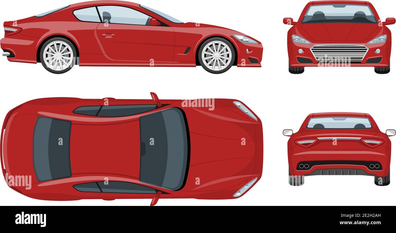 Red sports car vector template with simple colors without gradients and effects. View from side, front, back, and top Stock Vector