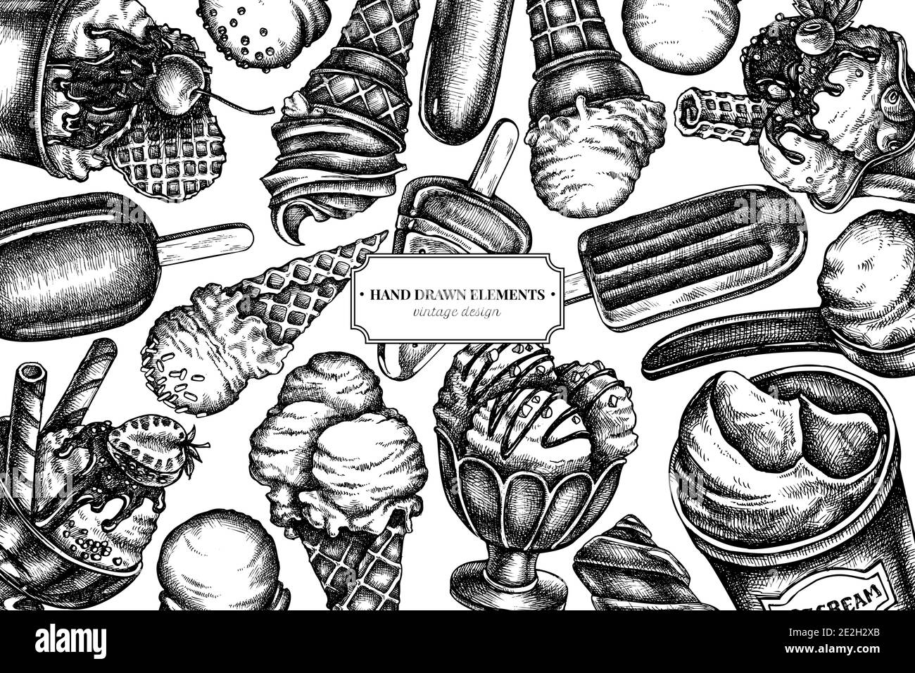 Design with black and white ice cream bowls, ice cream bucket, popsicle