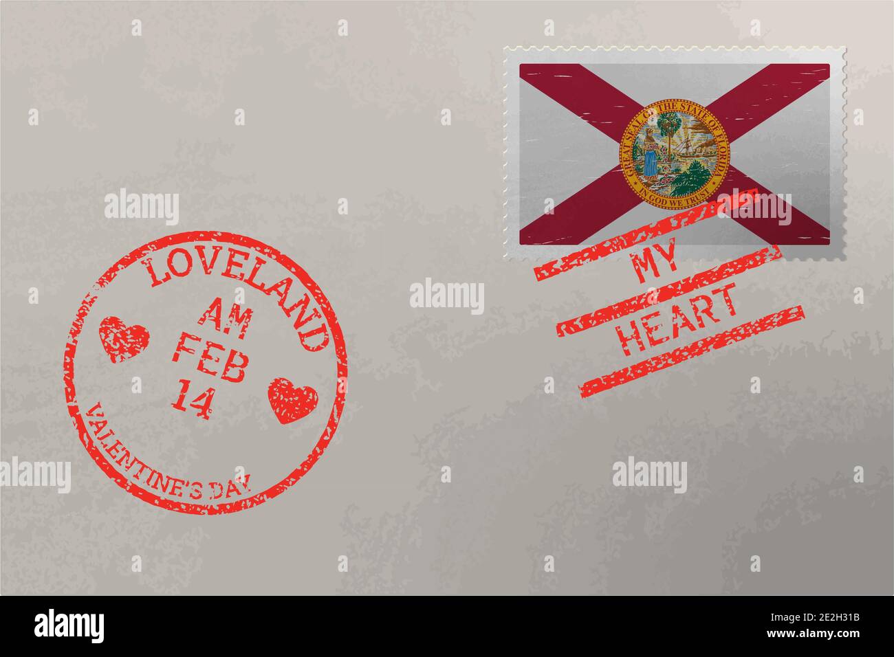 Postage stamp envelope with Florida US flag and Valentine s Day stamps, vector Stock Vector