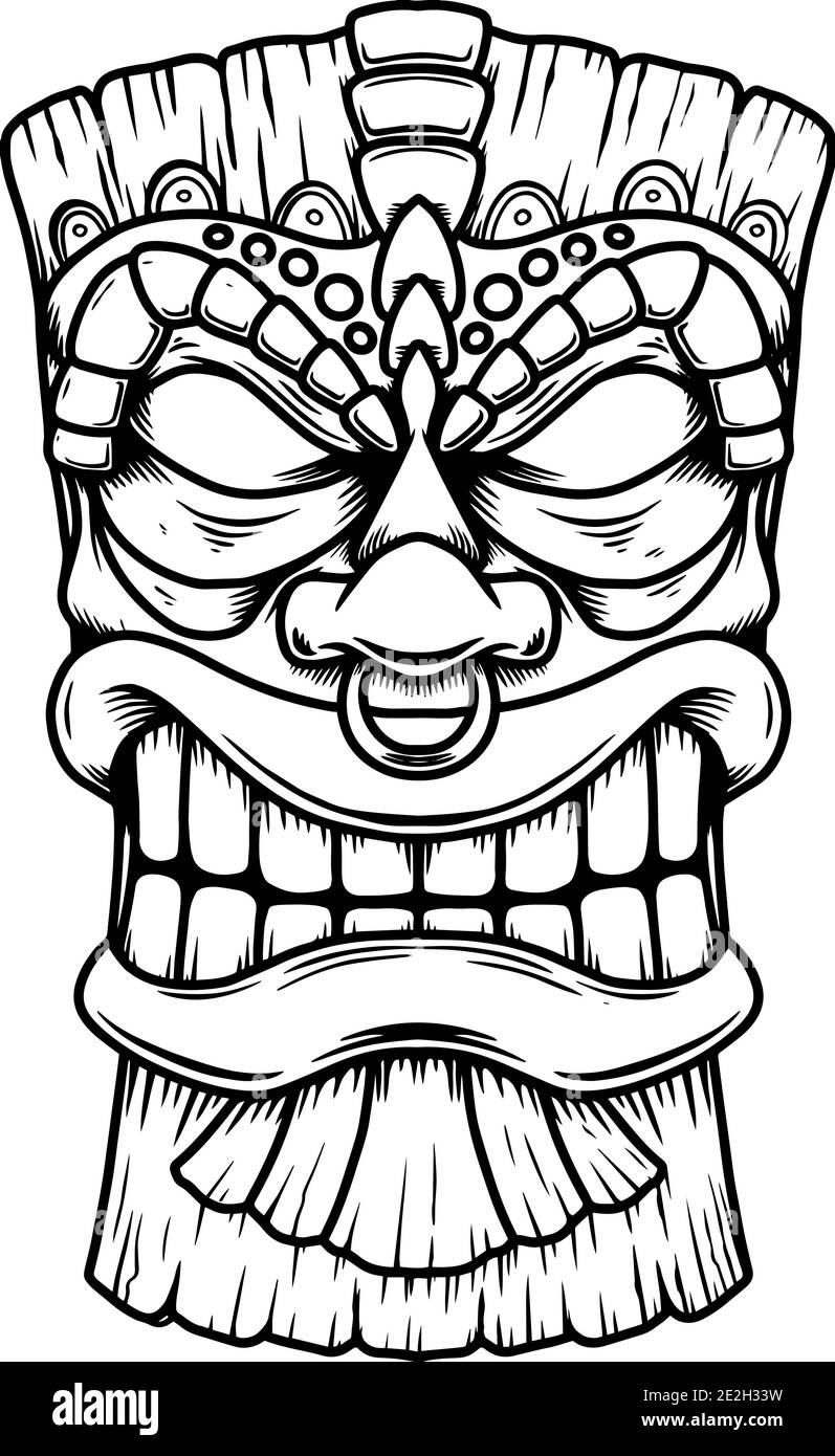 Illustration of Tiki tribal wooden mask. Design element for logo ...