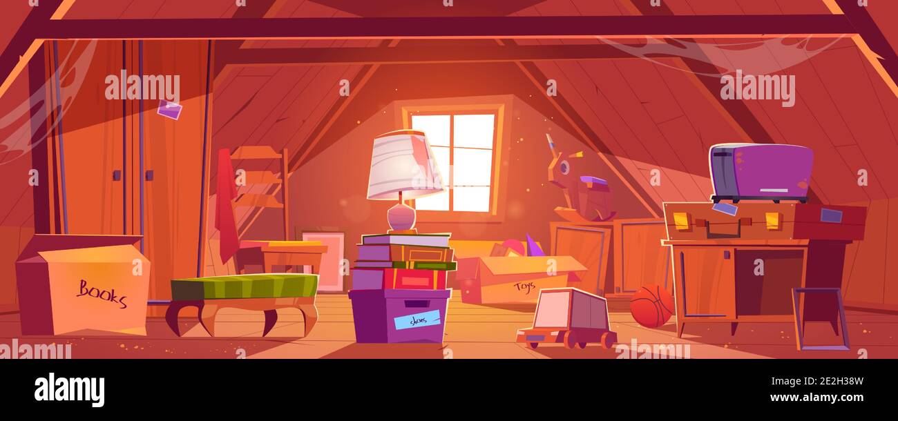 Attic room with old things, garret on roof with window and furniture. Discreet place with carton boxes, kids toys, toaster and couch with books and wardrobe, ball and lamp. Cartoon vector illustration Stock Vector