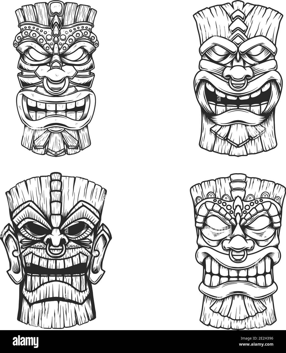 Sет of Illustrations of Tiki tribal wooden mask. Design element for ...