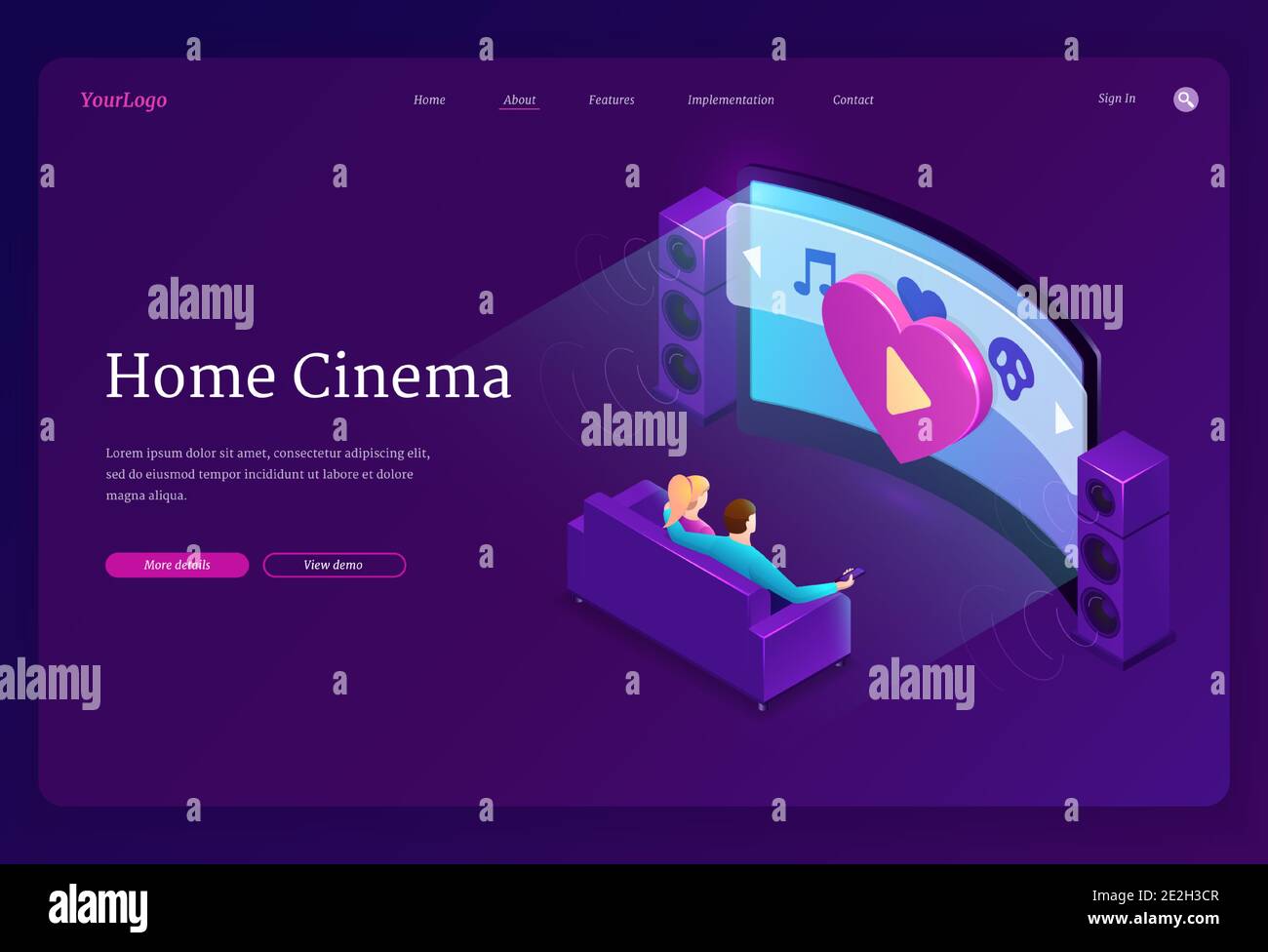 Home cinema isometric landing page. Family sitting on sofa watch huge tv with dynamics system in living room. Couple man and woman on couch front of glowing television screen, 3d vector web banner Stock Vector