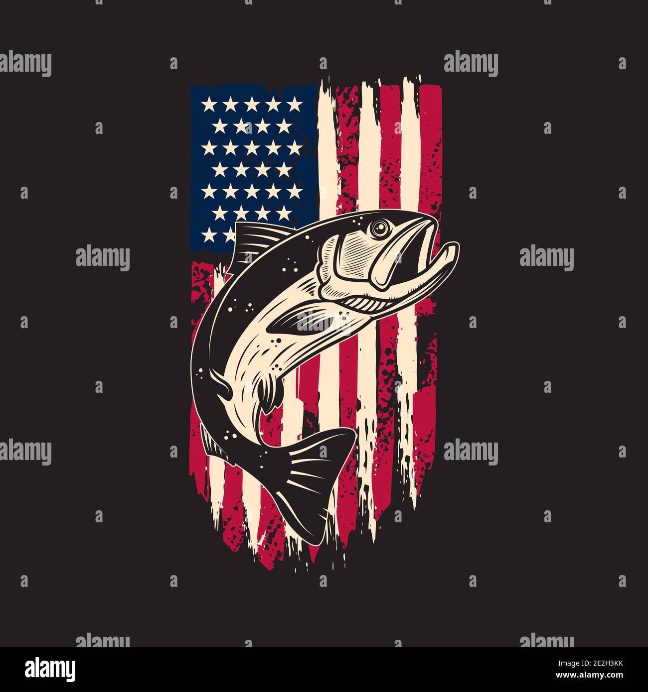 Illustration of salmon fish of background of usa flag in grunge