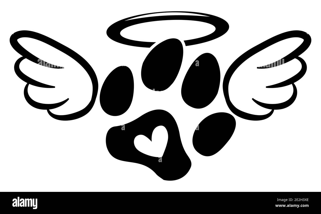 Dog or cat footprint angel with wings, gloria, bone and footprints, paws. - Hand drawn positive tattoo. Modern brush design. Memory ink. Love your dog Stock Vector