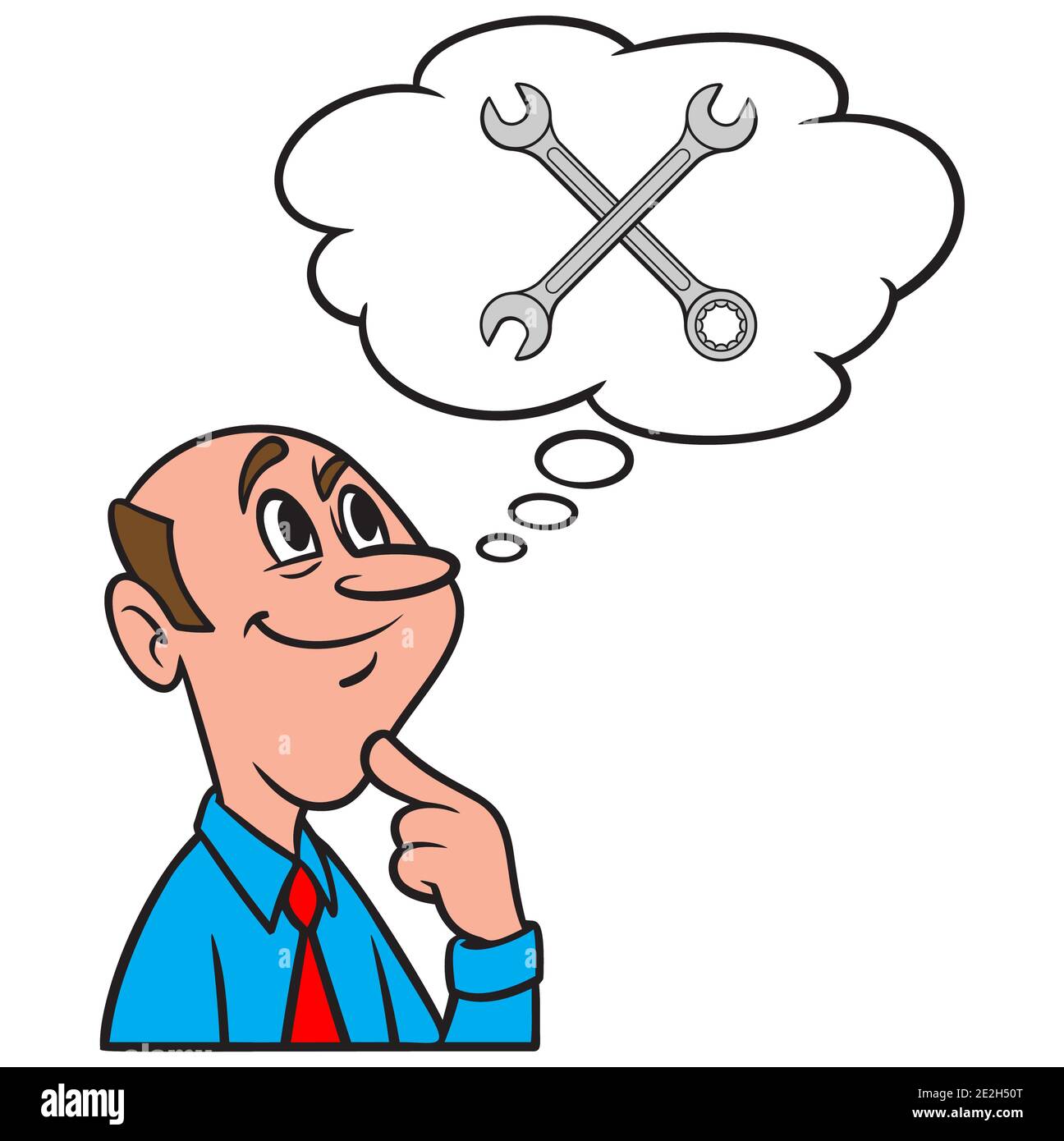 Thinking about Open Ended Wrenches - A cartoon illustration of a man thinking about becoming a Mechanic. Stock Vector