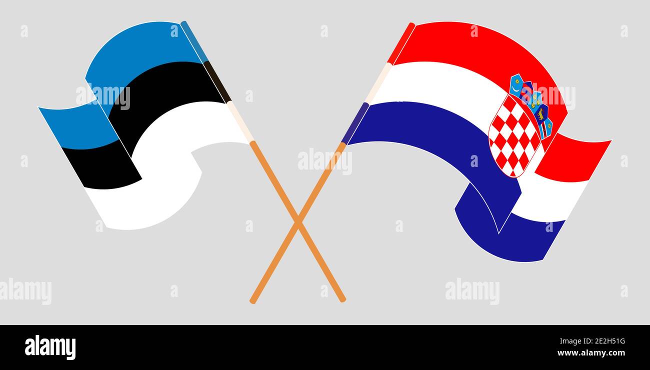 Crossed and waving flags of Croatia and Estonia. Vector illustration