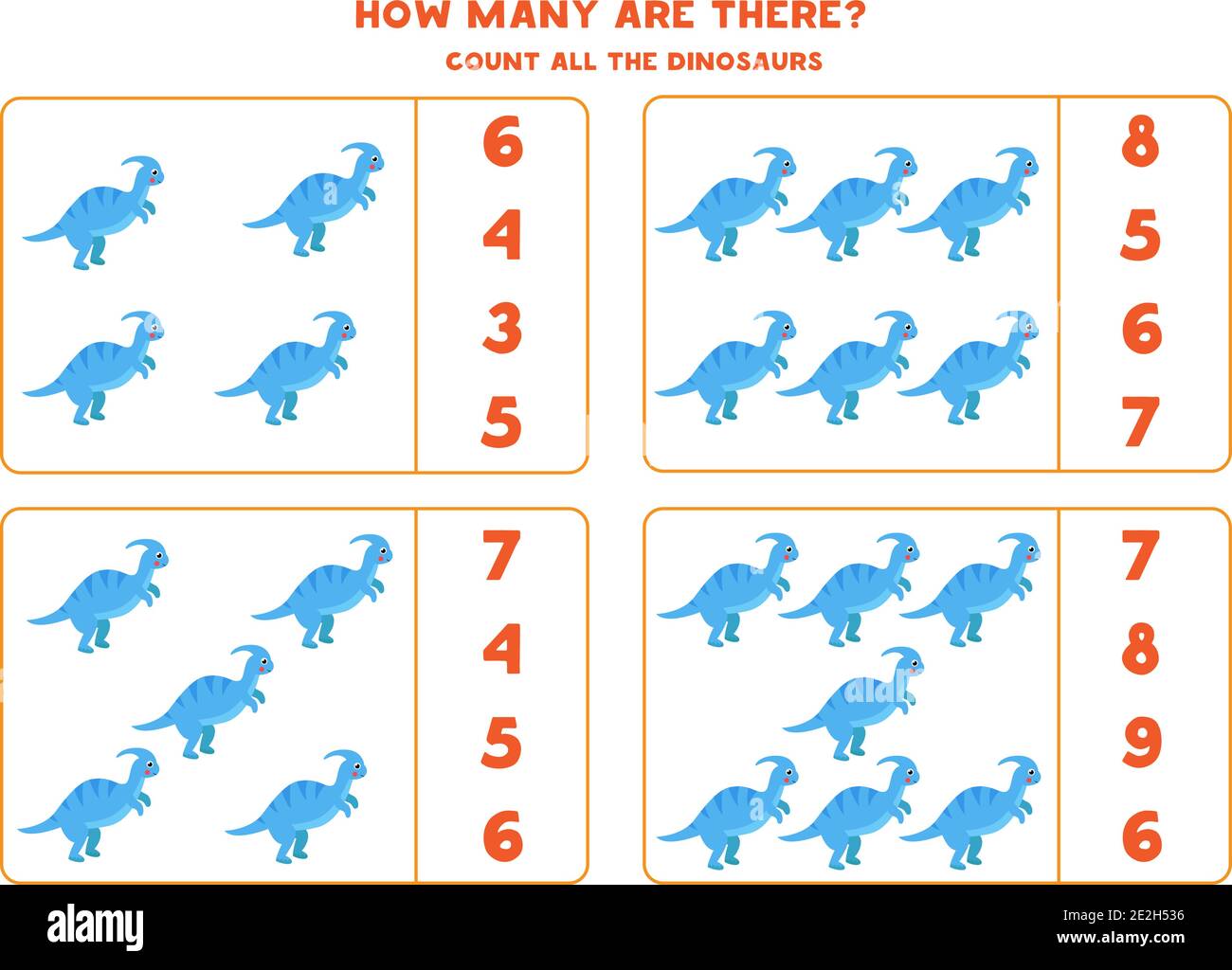 Count all dinosaurs and circle the correct answer. Math game for kids