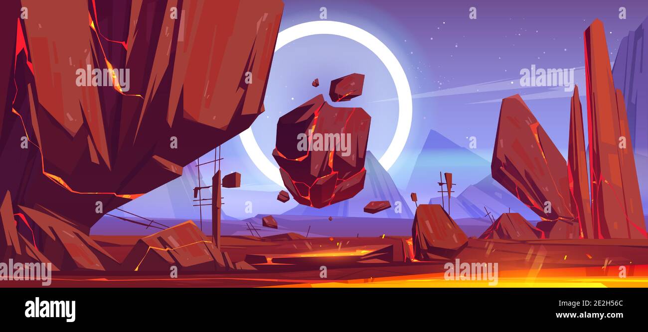 Alien planet landscape with mountains, flying rocks and red lava in ...