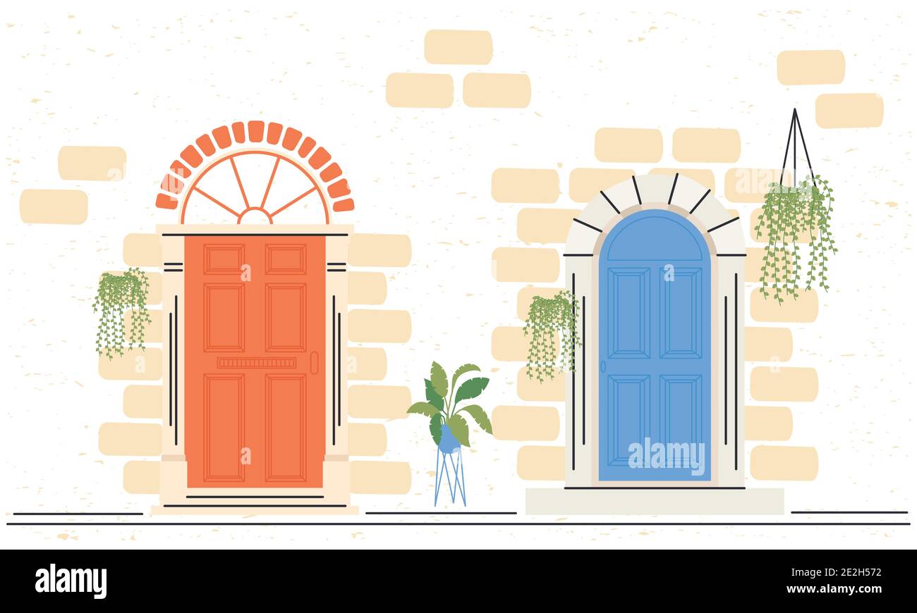 two orange and blue front doors with plants design, House home ...