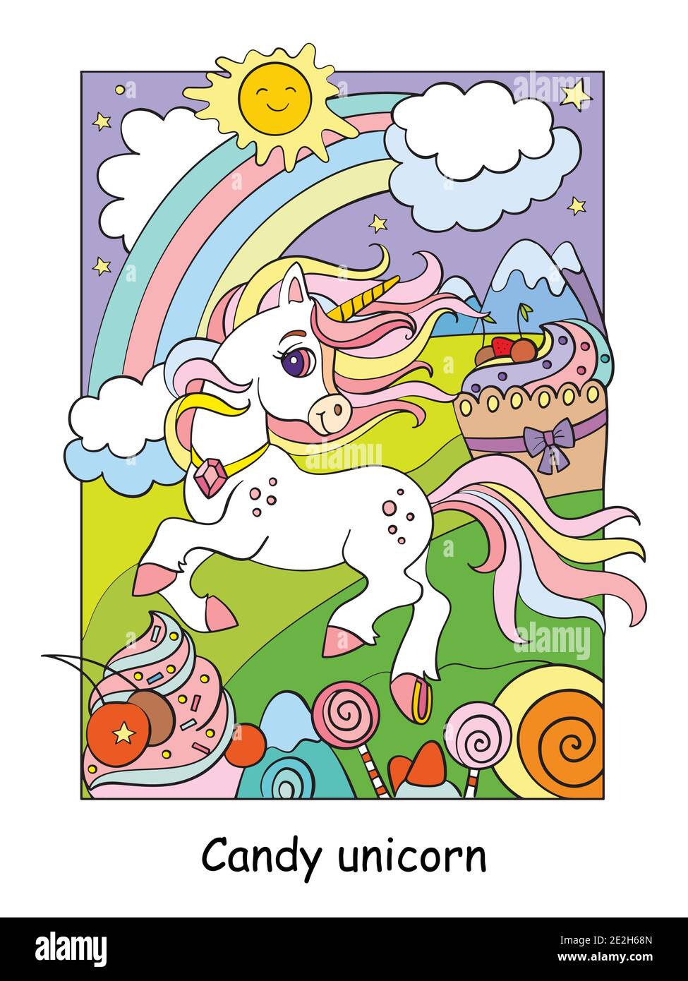 Cute unicorn running in sweet magical world. Vector cartoon colorful illustration isolated on white background. For print, design, cards, puzzle, colo Stock Vector