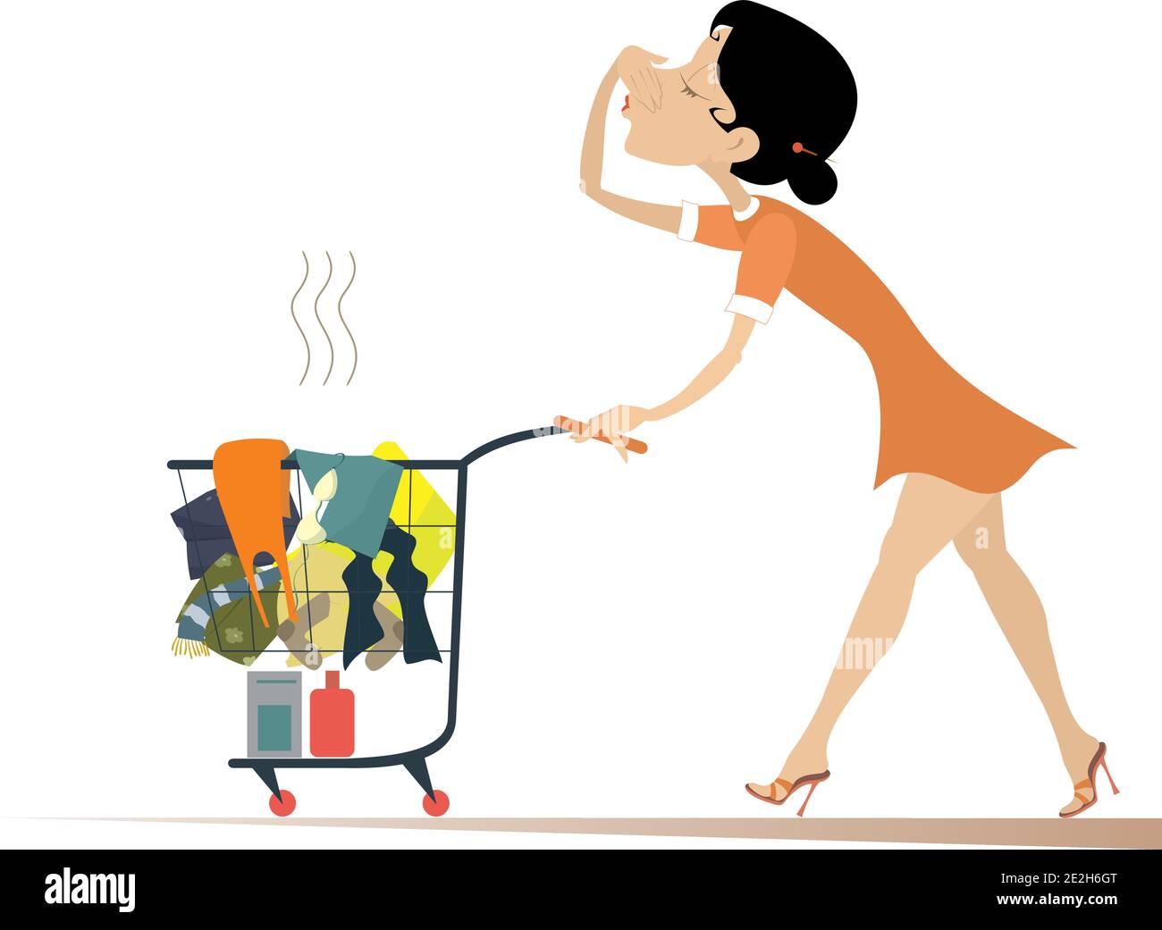 Woman with a trolley going to wash dirty laundry. Young woman moves a trolley with dirty laundry and holds her nose from odor nuisance isolated Stock Vector