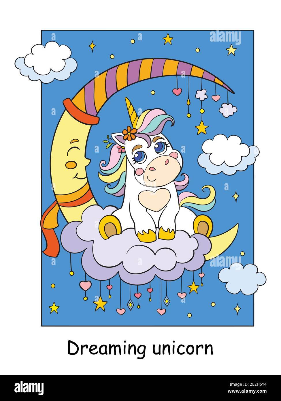 Cute baby unicorn sitting on moon in the night sky. Vector cartoon ...