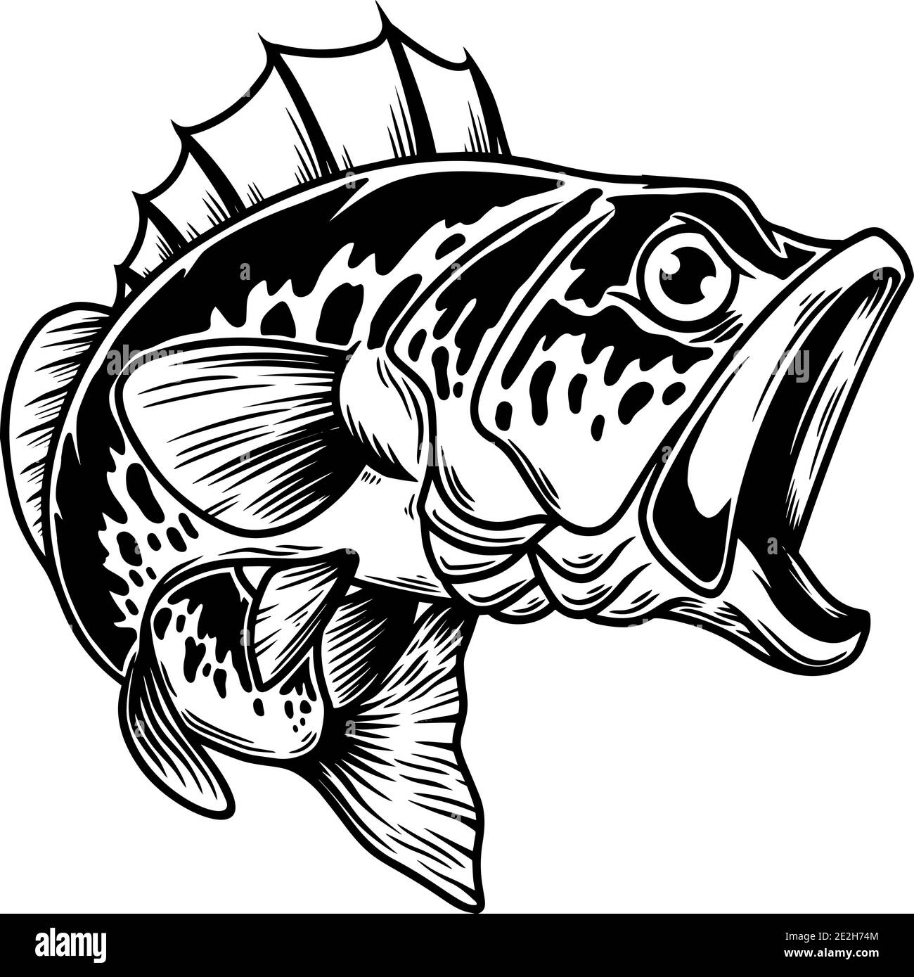 Illustration of bass fish. Big perch. Perch fishing. Design element for logo, emblem, sign, poster, card, banner. Vector illustration Stock Vector