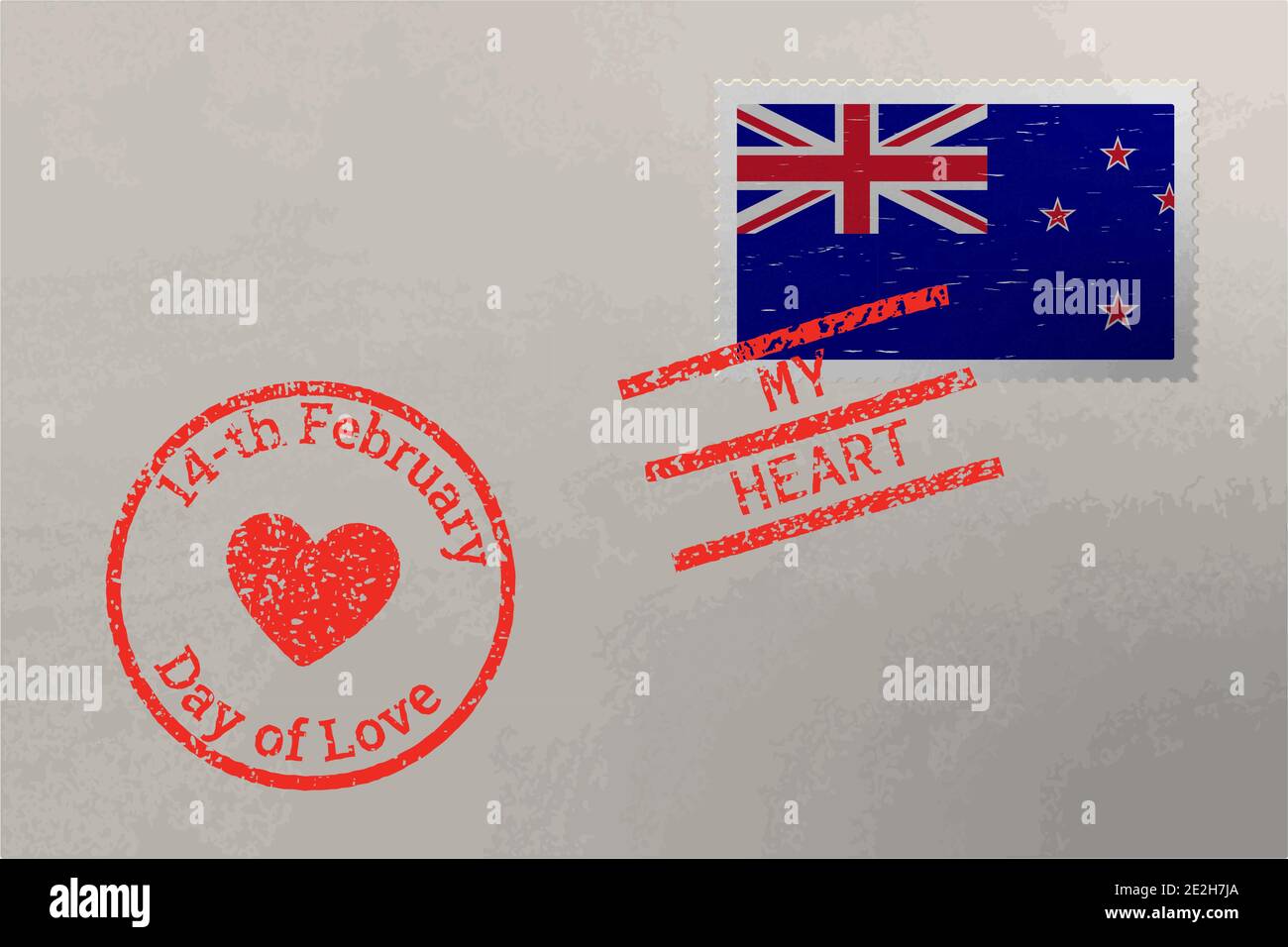 Postage stamp envelope with New Zealand flag and Valentine s Day stamps