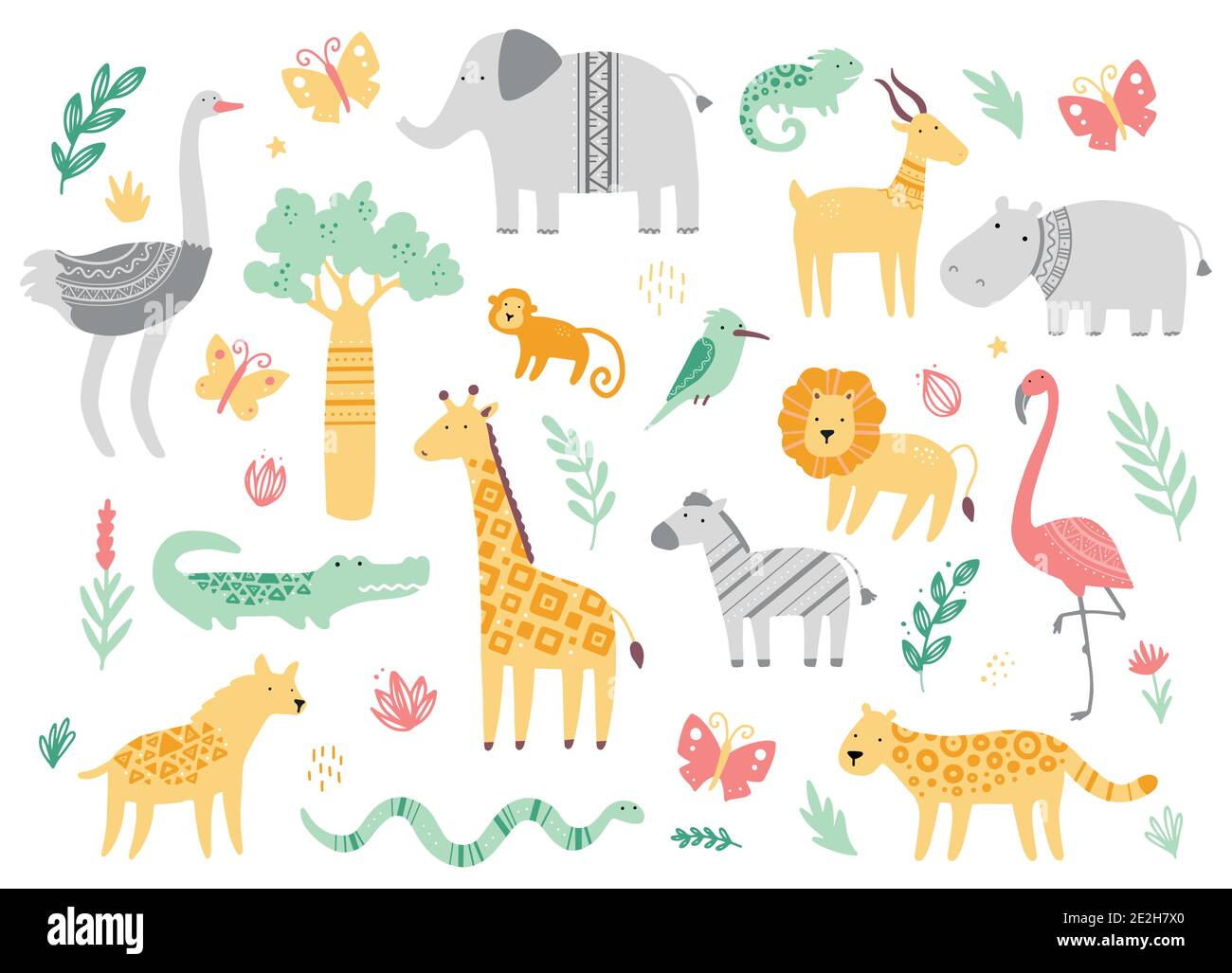 Set of cute african zoo animals giraffe, zebra, lion, bird, elephant, snake, lizard, cheetah, crocodile. Flat and simple design style for baby, children illustration. Stock Vector