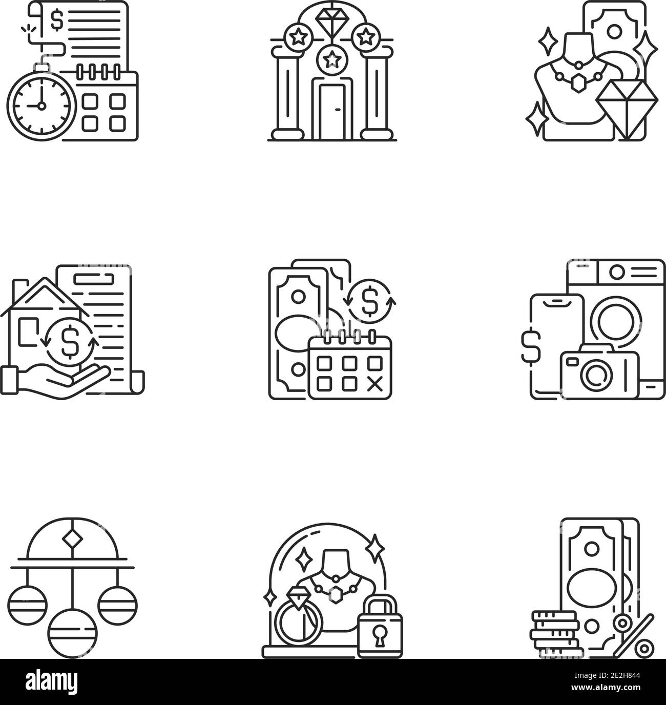 Pawnbrokery linear icons set Stock Vector
