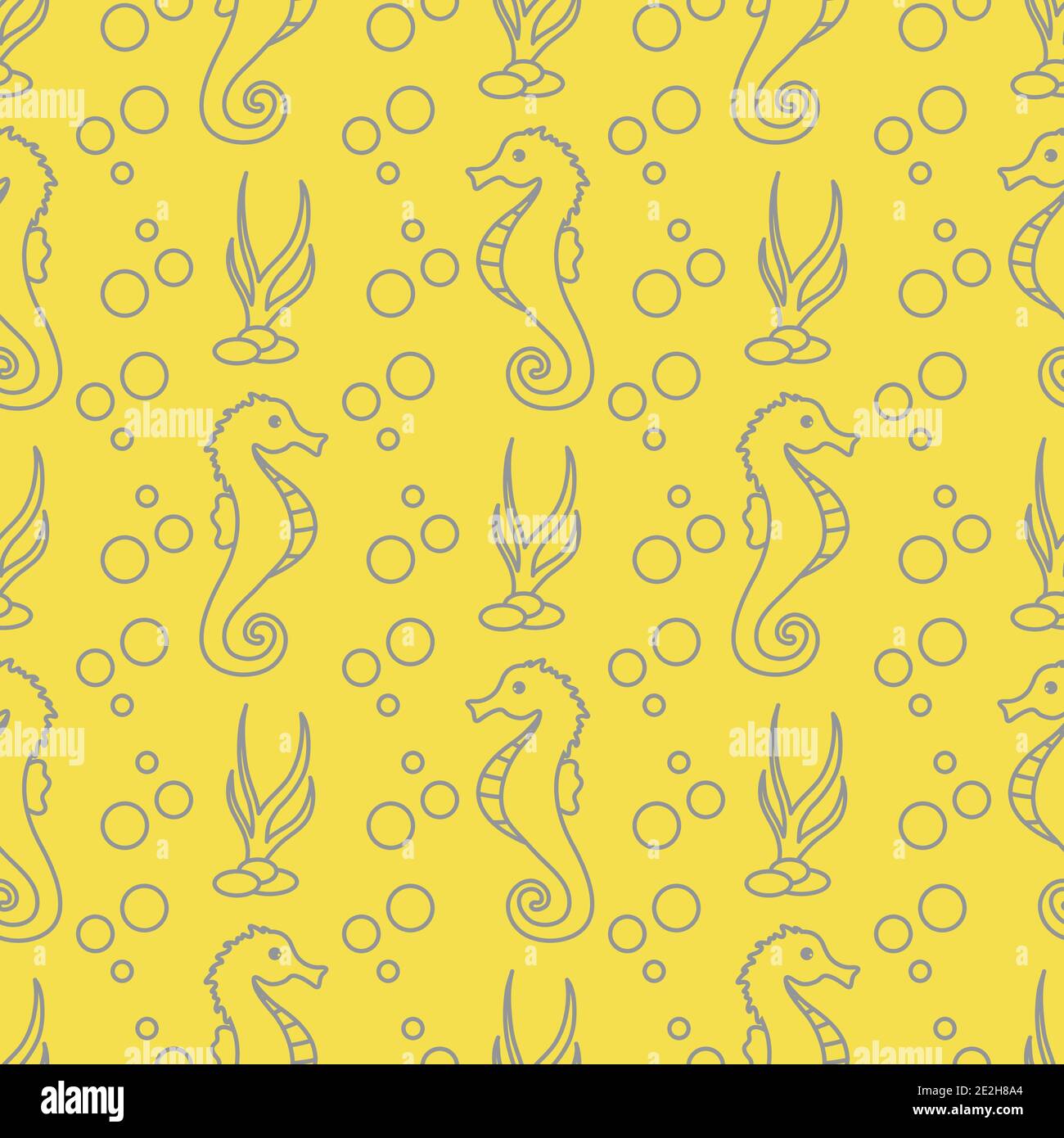 Vector seamless pattern with sea horses, underwater plants and bubbles ...