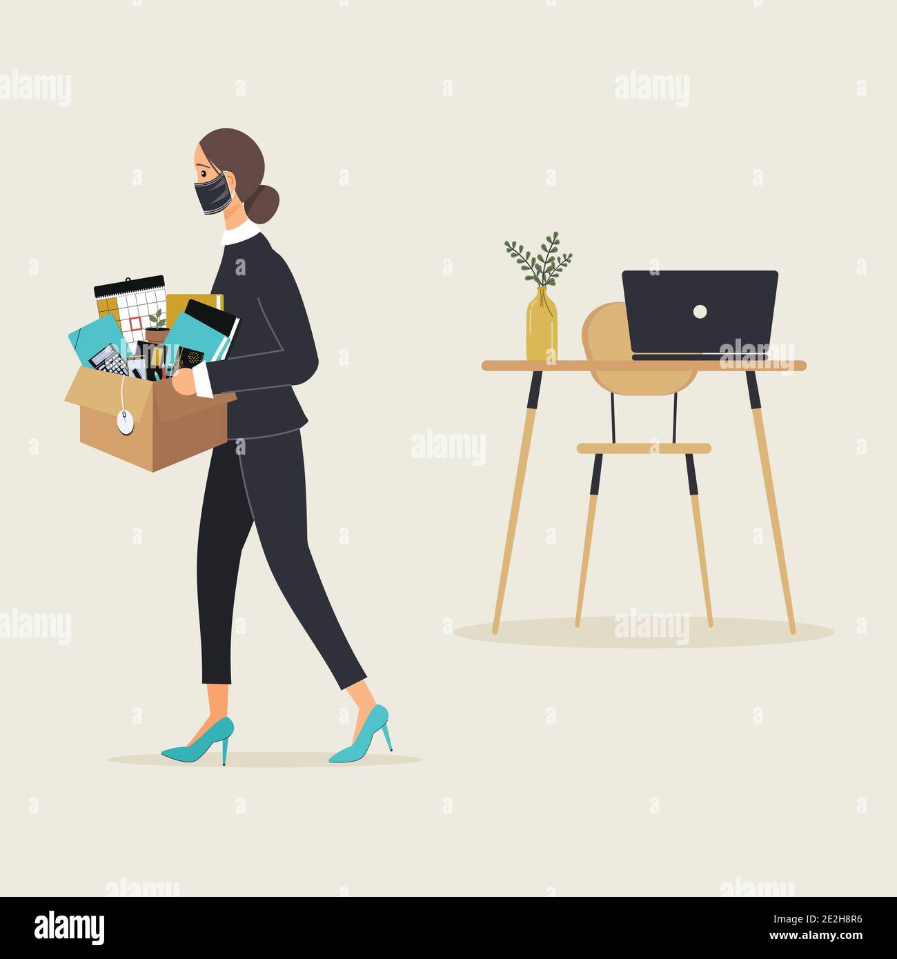Concept of layoffs due to the virus pandemic. Young woman in protective mask leave workplace carrying  cardboard box with stationery Stock Vector
