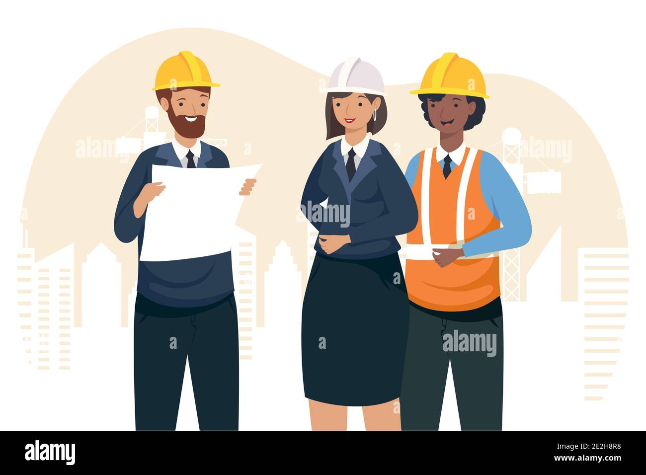 Architects and woman engineer with helmets design of construction