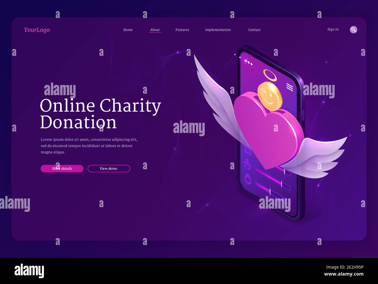 Online charity donation banner. Mobile app for financial donate, fundraiser, volunteer help. Vector landing page of digital service for charity with isometric heart and money on smartphone screen Stock Vector