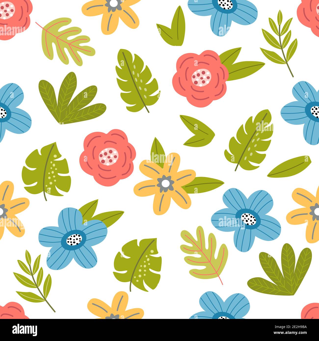 Seamless pattern with blue, red, yellow flowers Stock Vector