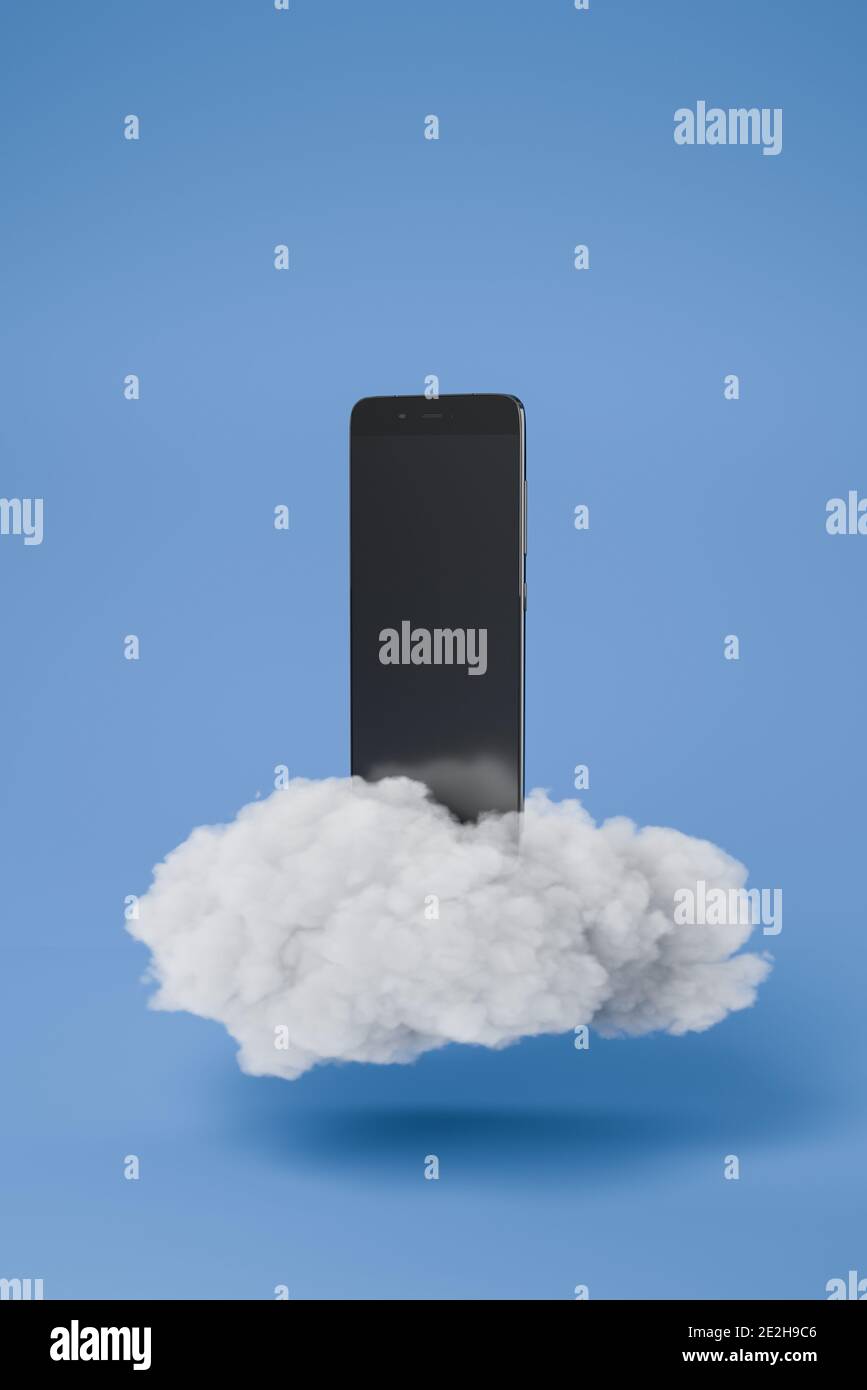 black mobile floating on a white cloud. Blue background. 3D Ilustration Stock Photo