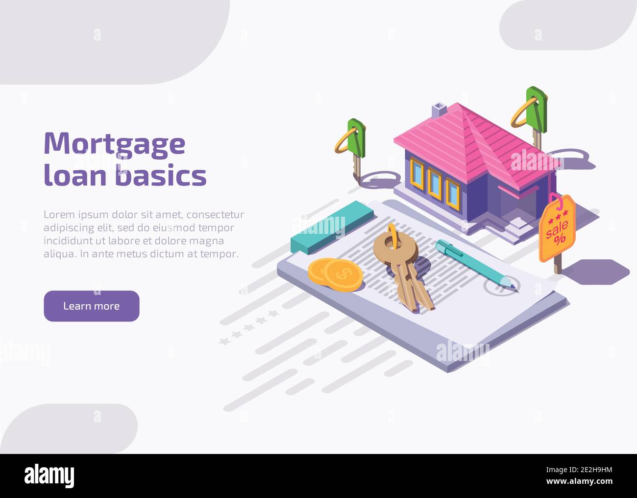 Mortgage loan basics landing page or web banner. Concept of purchase house with bank credit, invest in real estate. Property mortgage with isometric home, money, keys, financial contract or agreement. Stock Vector