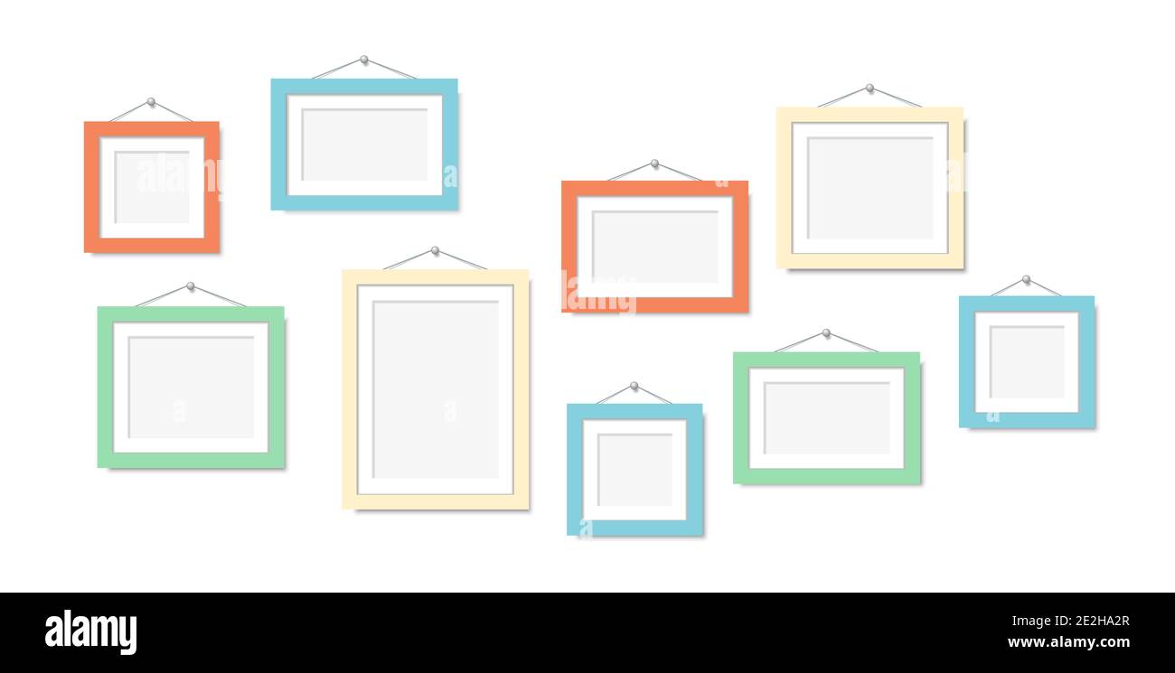 Set color frames for photos or pictures hanging on the wall. Vector mock up. blank frame art gallery. Stock Vector