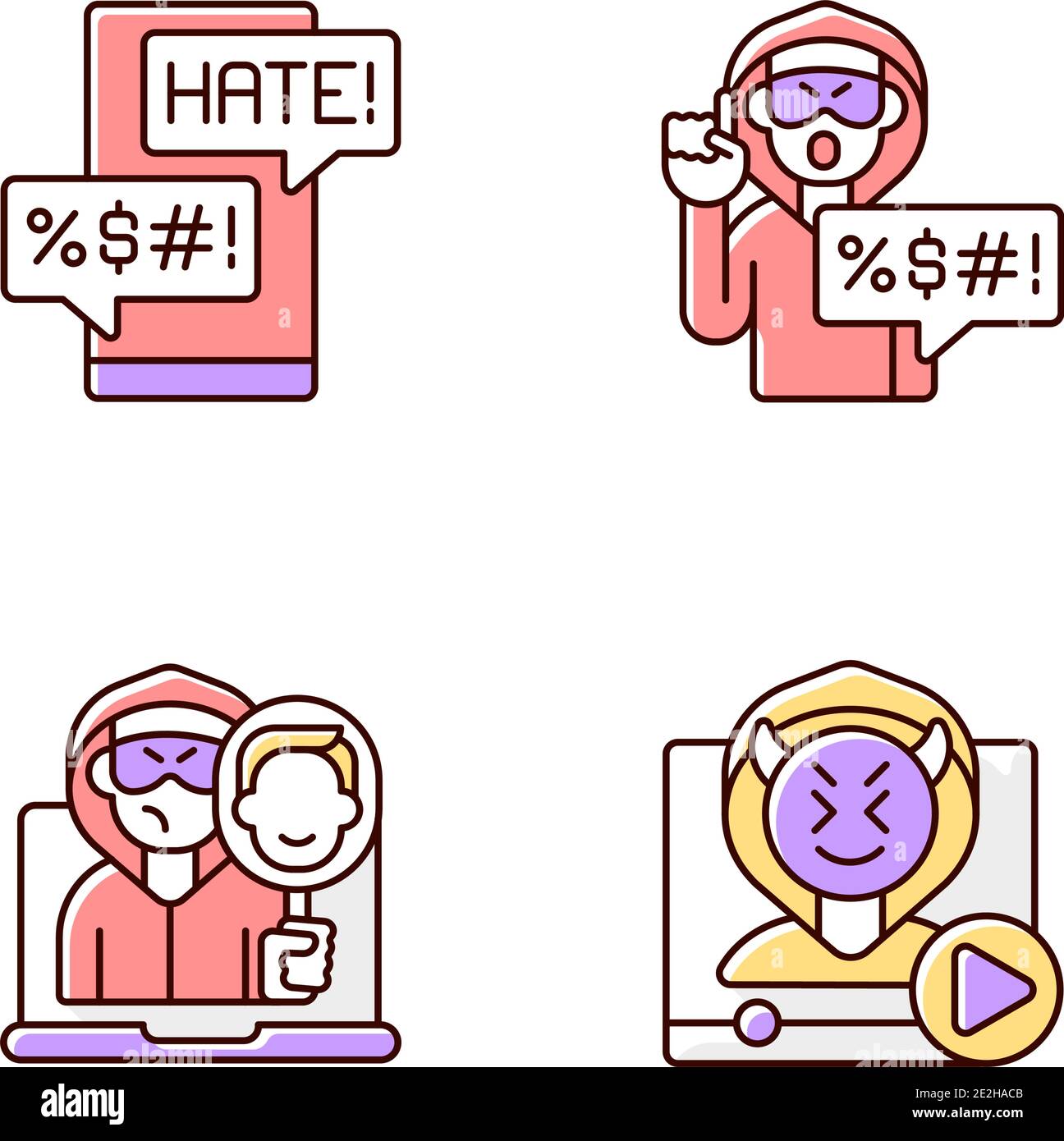Online bullying RGB color icons set Stock Vector